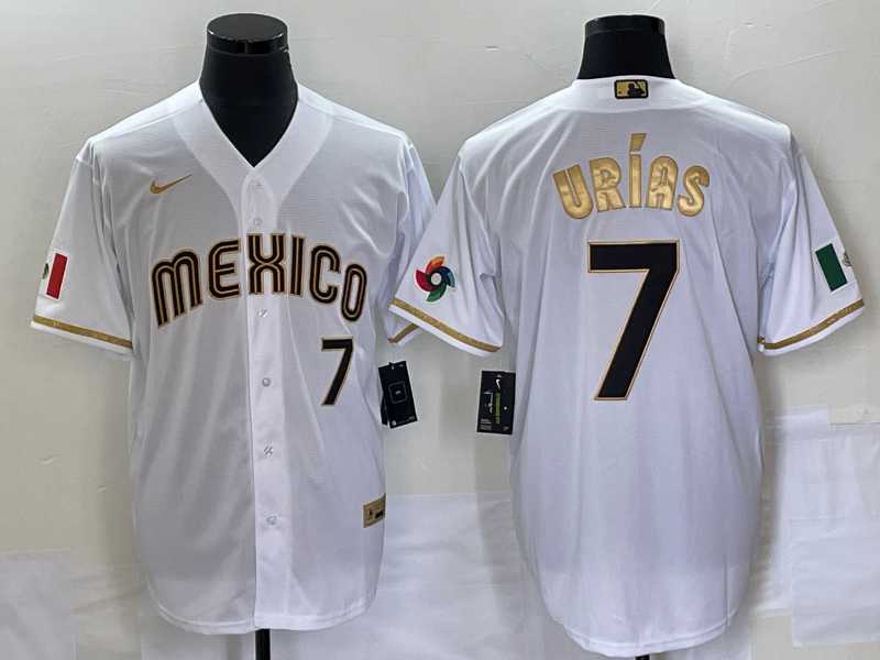 Men%27s Mexico Baseball #7 Julio Urias Number 2023 White Gold World Baseball Classic Stitched Jersey